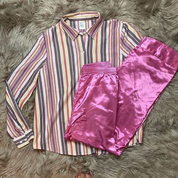 Blair Two Piece Set Long Sleeve Button Down Striped Pajama Top & Satin Bottoms - Picture 1 of 10